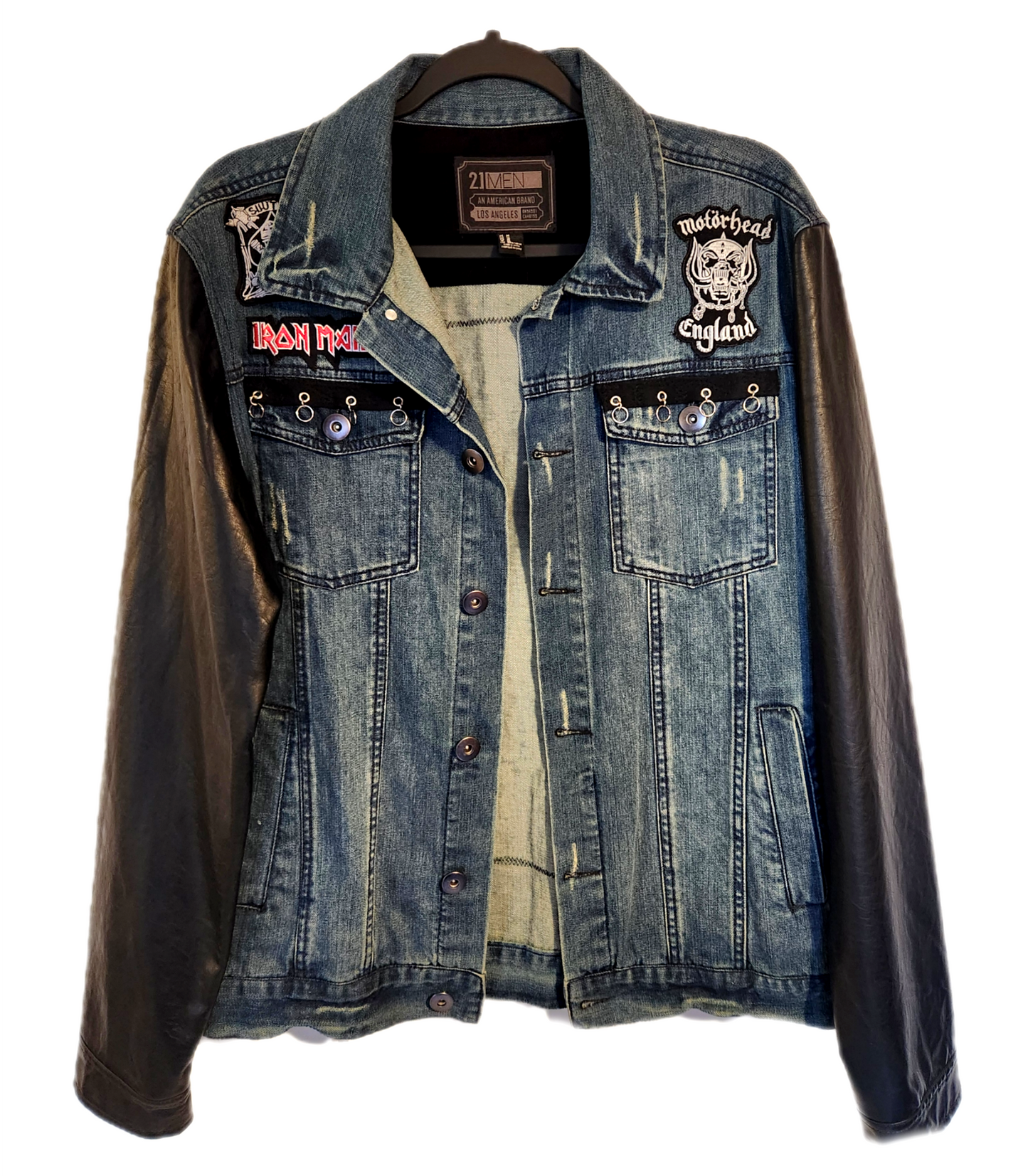Mens denim Iron Maiden Metal jacket with faux leather sleeves- size Medium