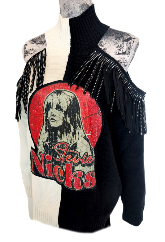 Womens "The Stevie" black and white Sweater with fringe- size L/ XL