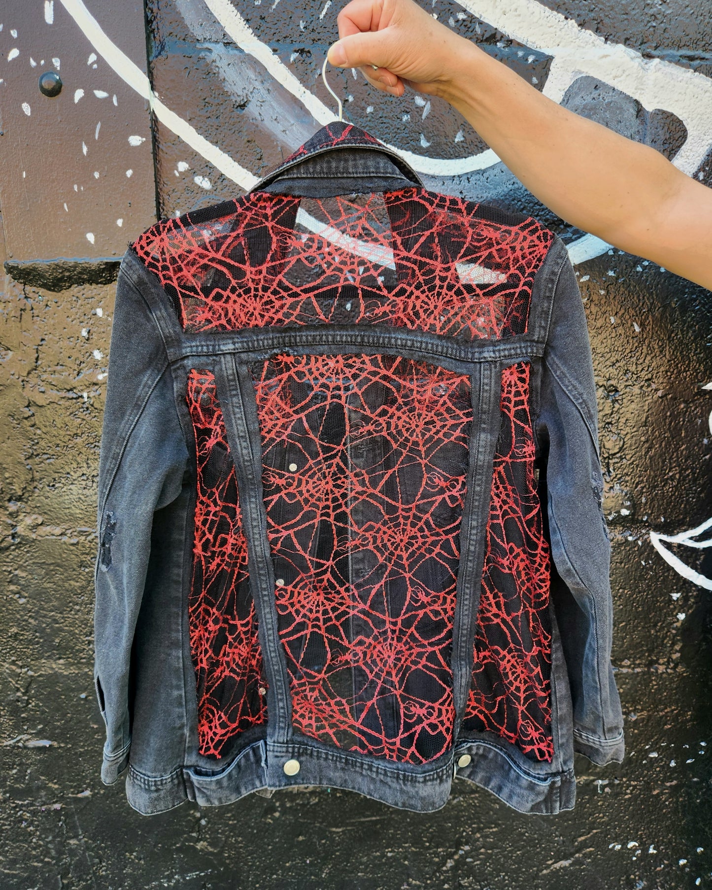 Walking into Spiderwebs denim Lace jacket-womens L
