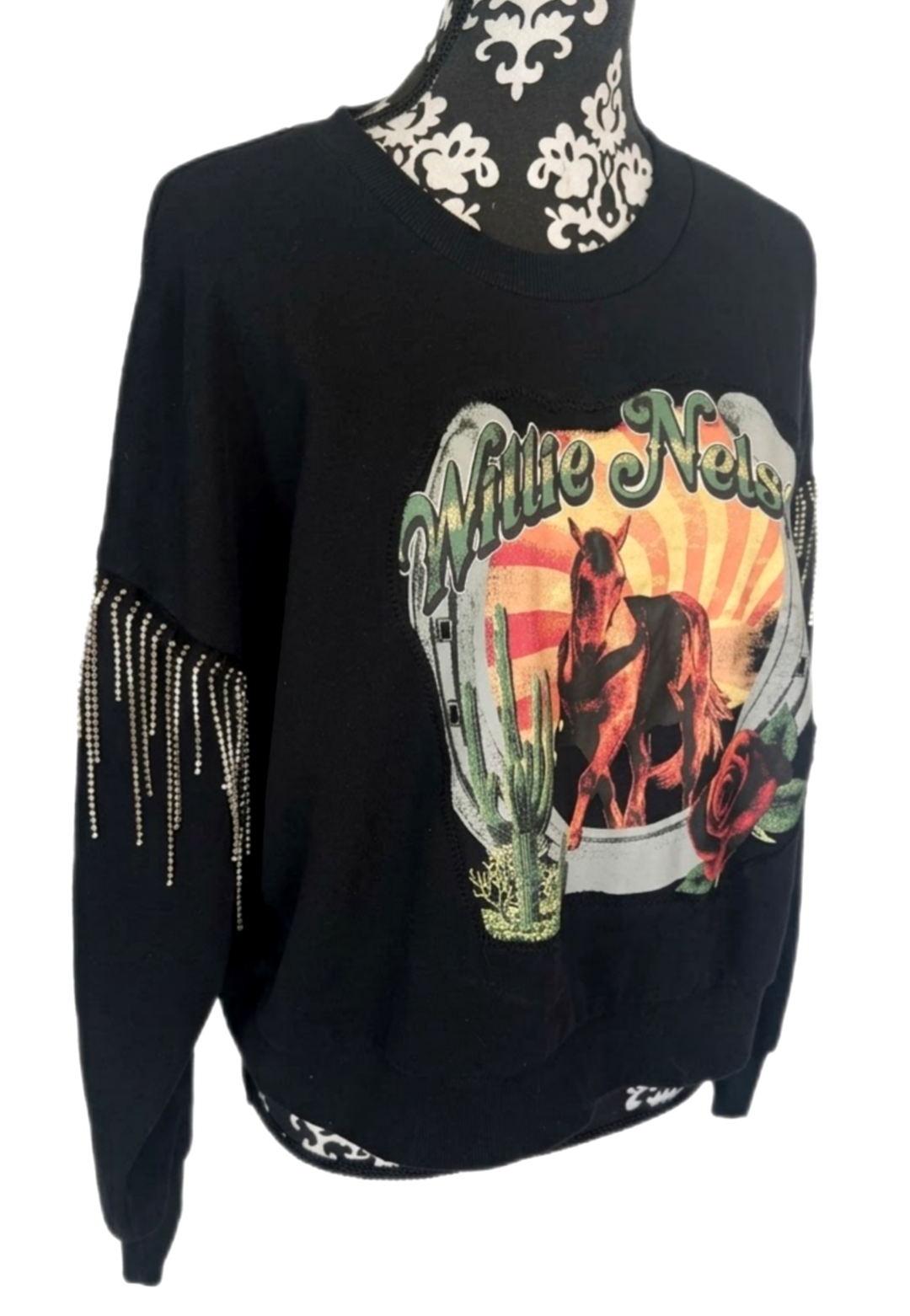 Willie Nelson sweatshirt with rhinestone fringe- size Large