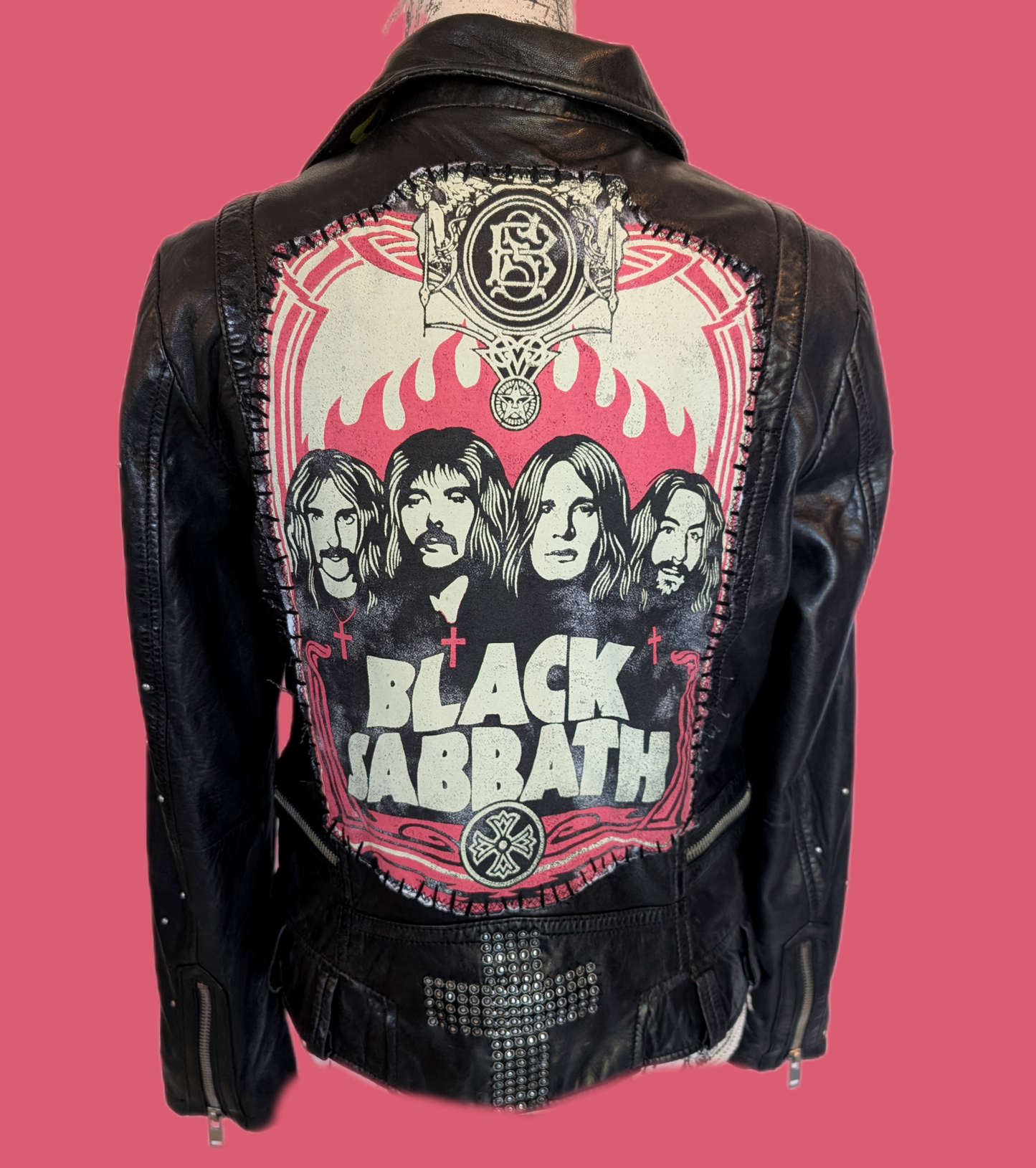 Womens Genuine leather Black Sabbath jacket- size Large/ WITH Free Sabbath throw pillow
