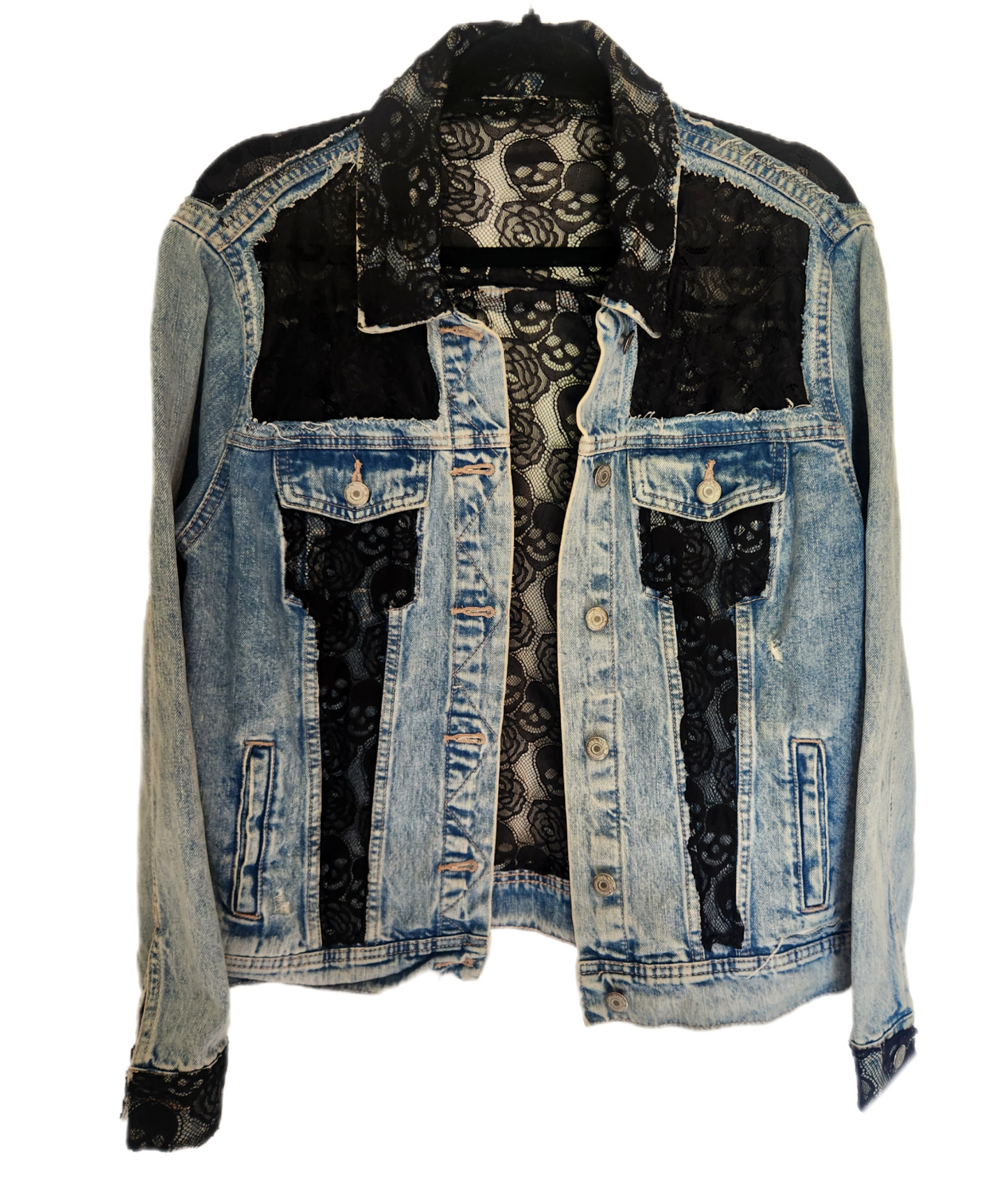 Womens skull lace panels denim jacket- size Large