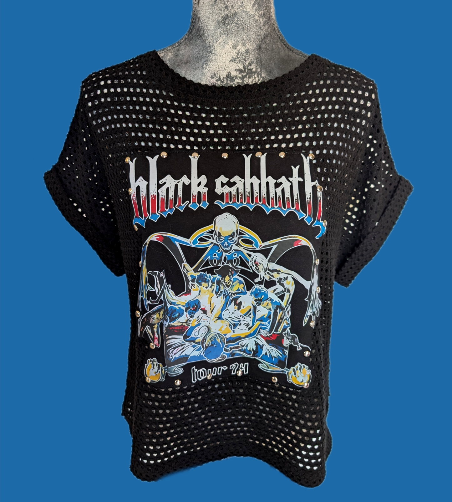 Womens black mesh style Black Sabbath sweater- size Large