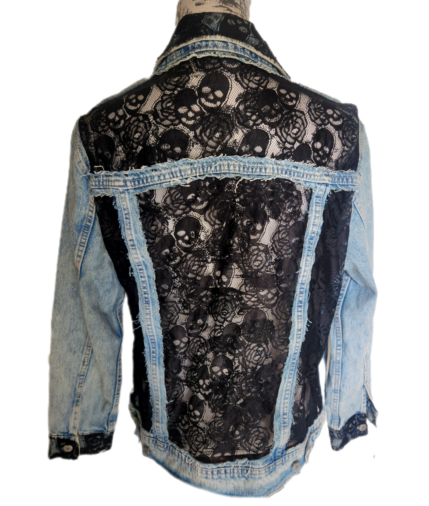 Womens skull lace panels denim jacket- size Large