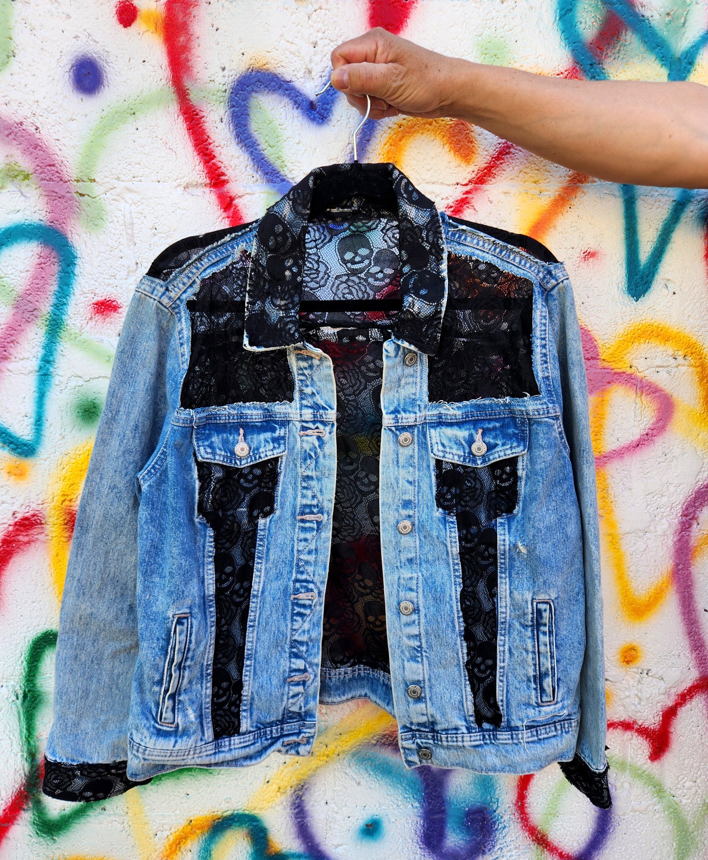 Womens skull lace panels denim jacket- size Large