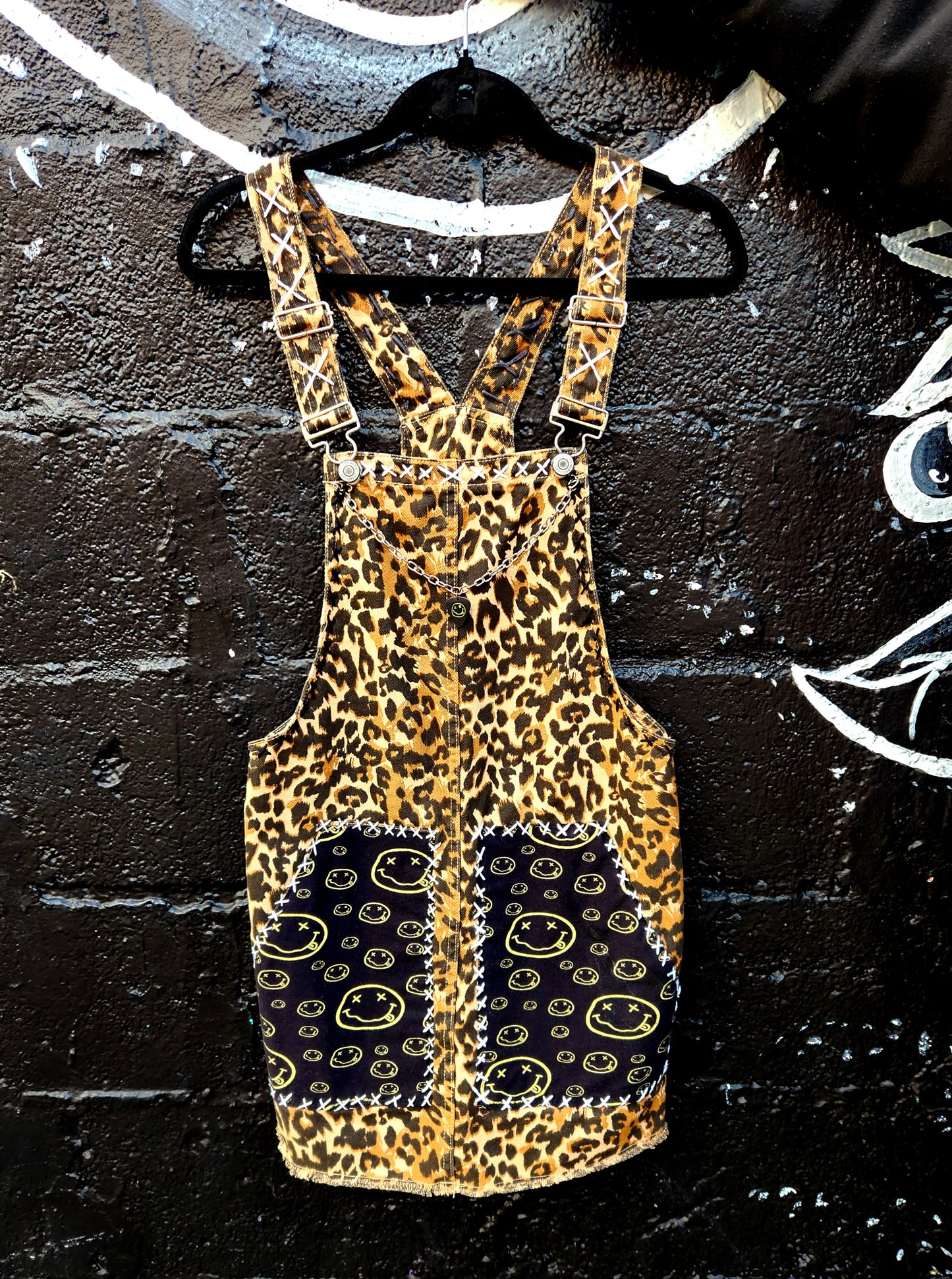 Womens denim leopard overalls dress with Nirvana detailing- womens Small( tshirt not included)