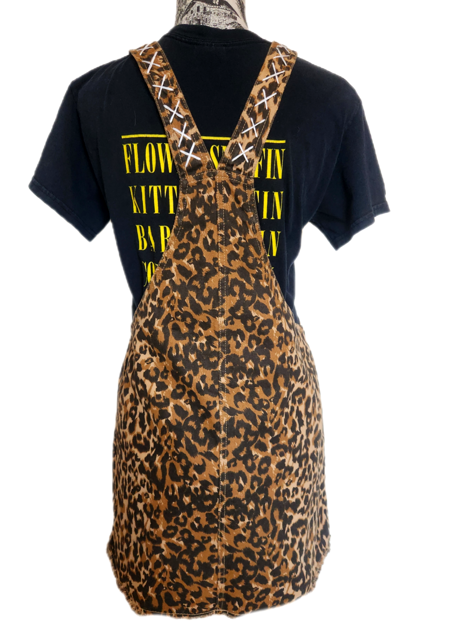 Womens denim leopard overalls dress with Nirvana detailing- womens Small( tshirt not included)
