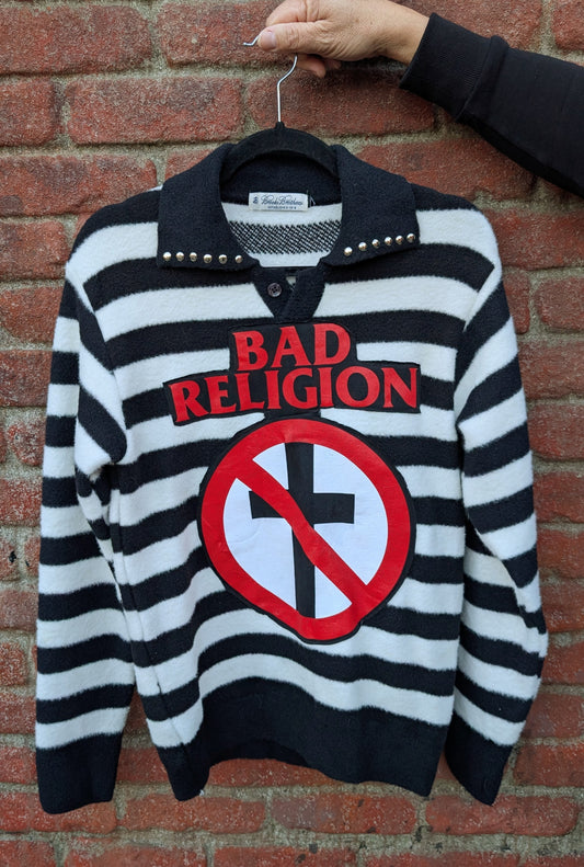 Gender Neutral BAD RELIGION striped collared sweater - womens L men's Small/ MED