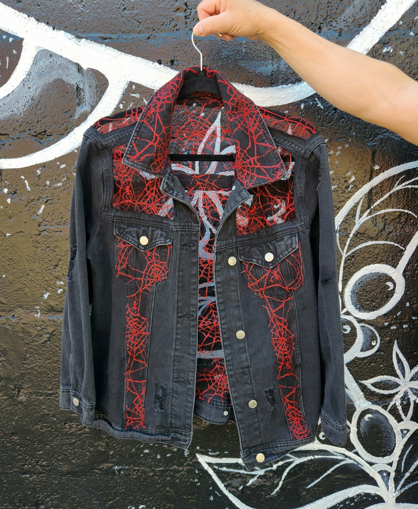 Walking into Spiderwebs denim Lace jacket-womens L