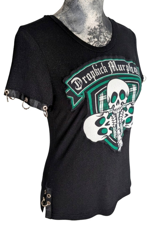 Womens Upcycled DROPKICK MURPHYS top with silver rings- size S/ M