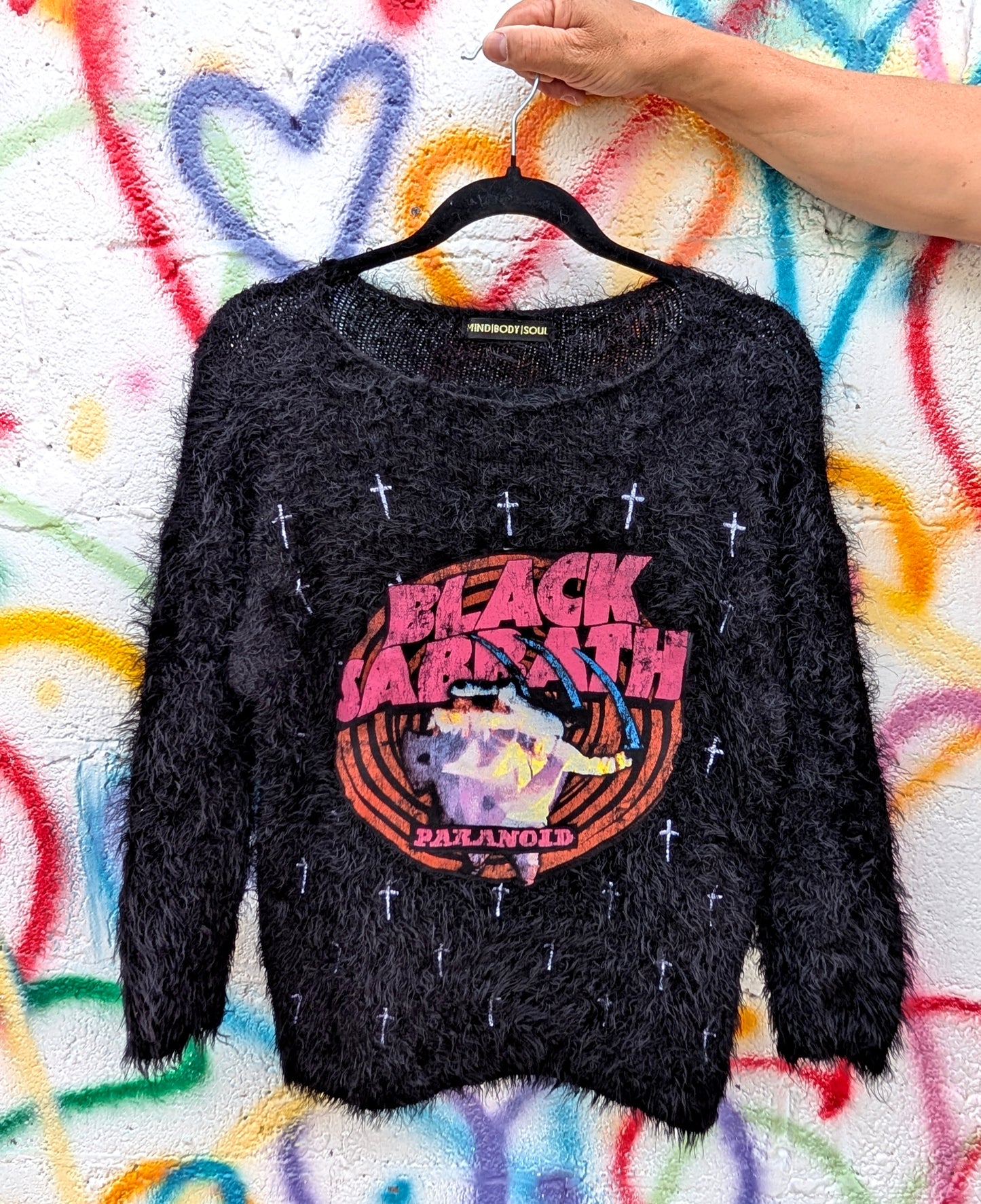 Womens black fuzzy sweater with crosses and Black Sabbath patch- Large