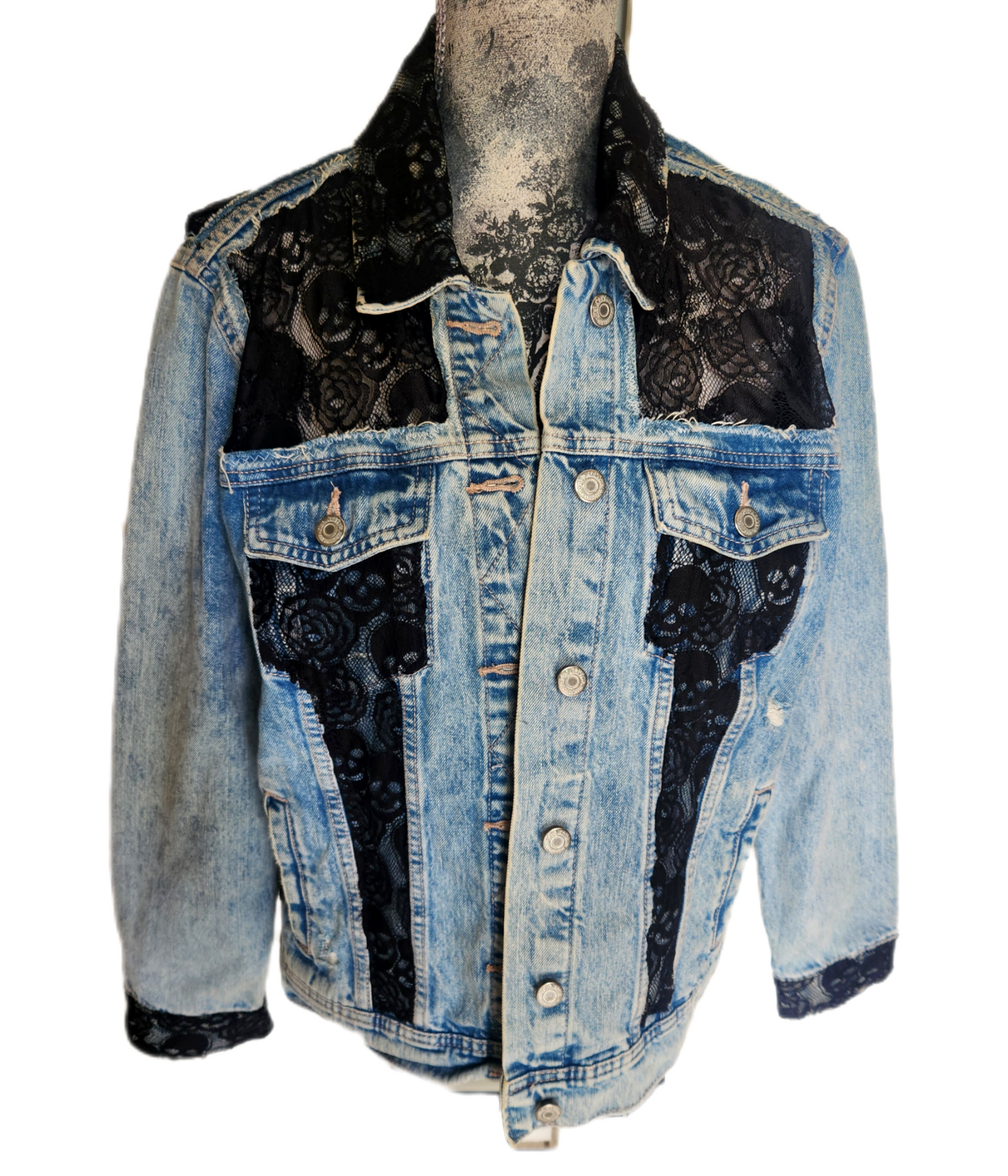 Womens skull lace panels denim jacket- size Large