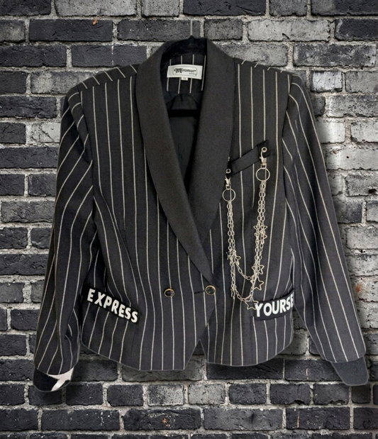 Womens vintage pinstripe blazer with MADONNA Express Yourself - size Large 10/11