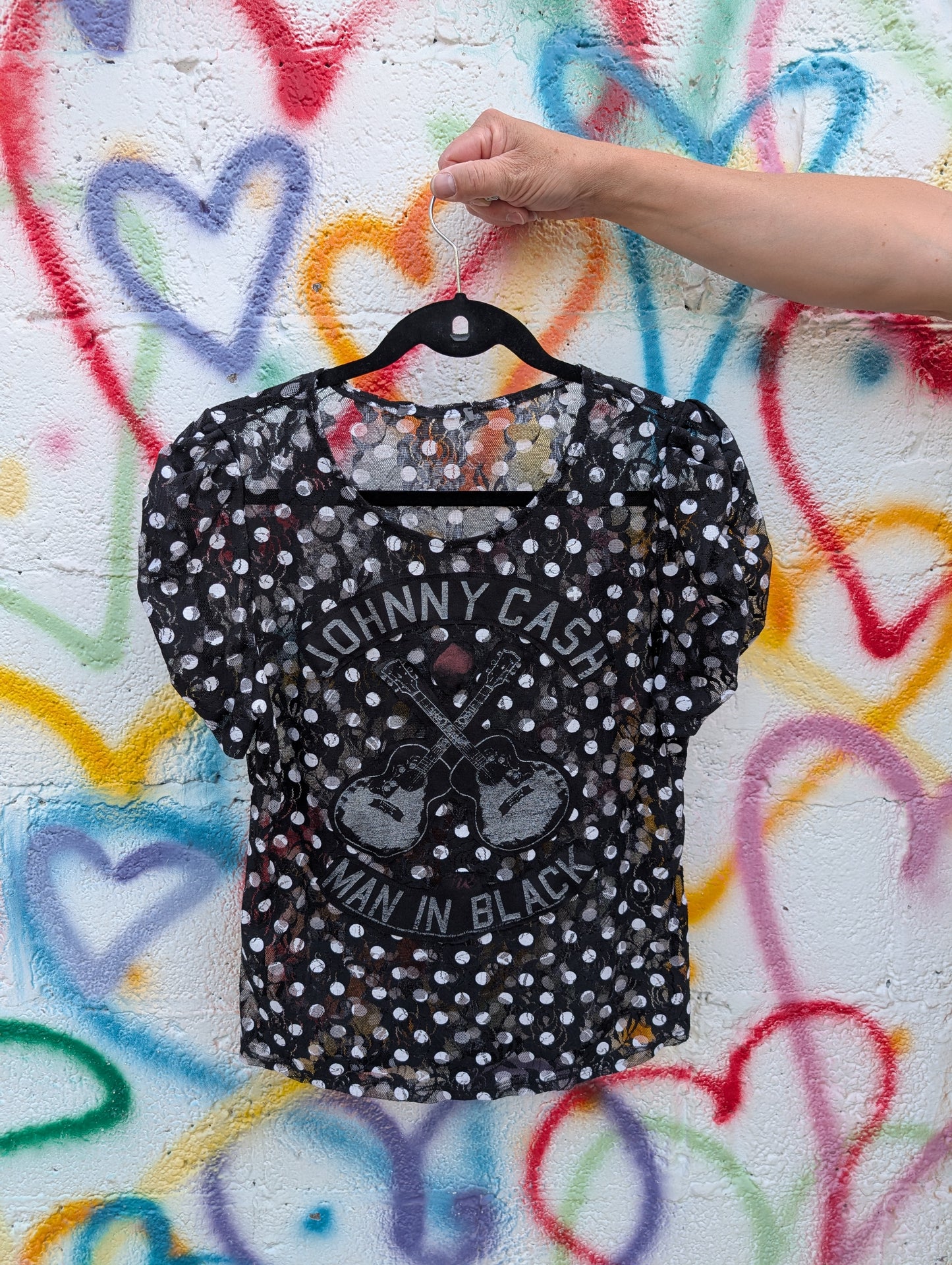 Womens sheer polka dot Johnny Cash top- size Medium
