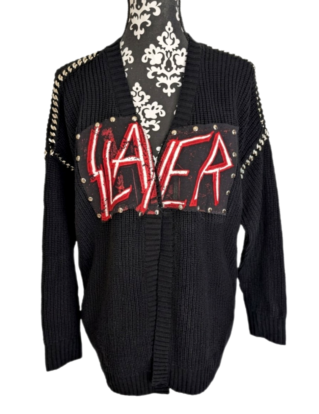 Womens SLAYER black knit cardigan with Chain- size MEDIUM - LARGE fit