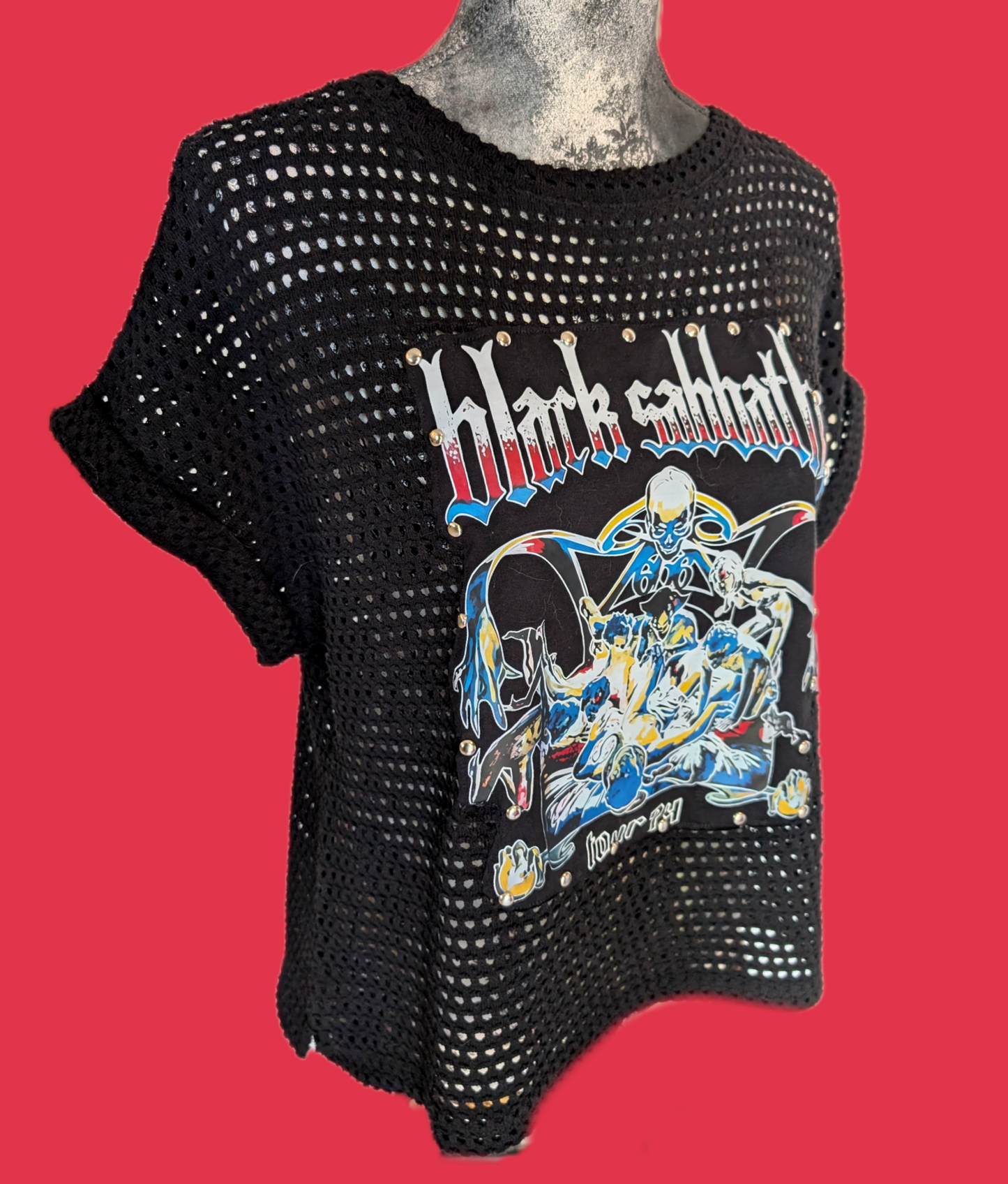 Womens black mesh style Black Sabbath sweater- size Large