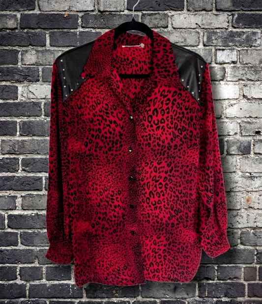 Womens vintage red leopard button up with DEF LEPPARD back patch- size L