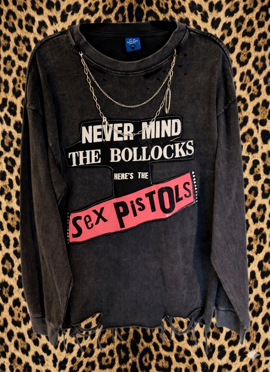 Women's upcycled/ reworked Sex Pistols top with chain and back lyrics- size L/XL