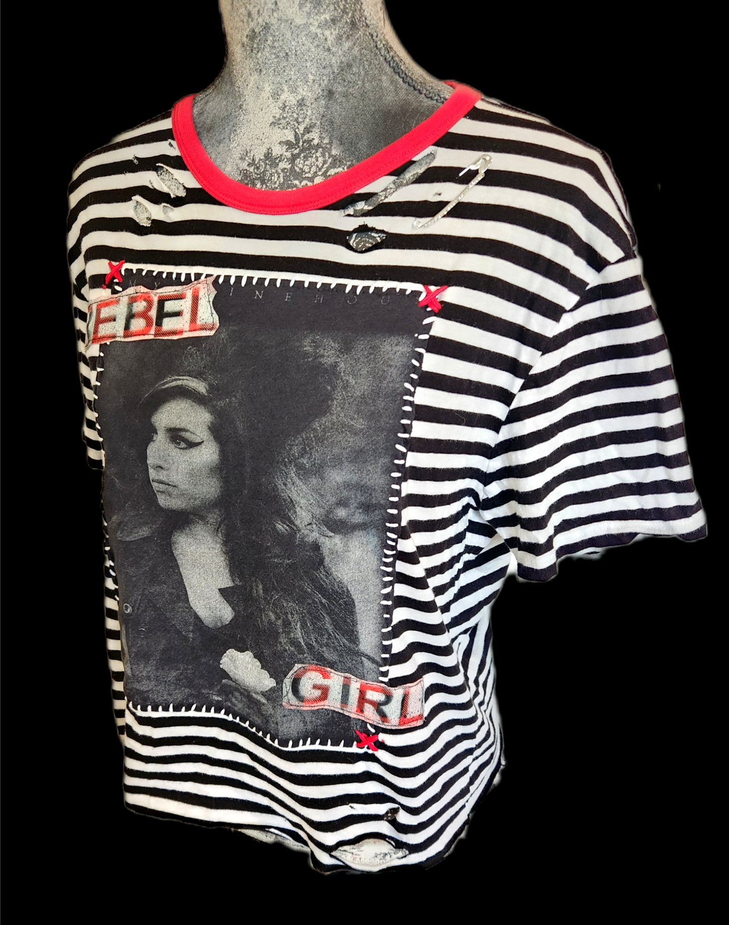 Striped Amy Winehouse Rebel Girl tee- size Large