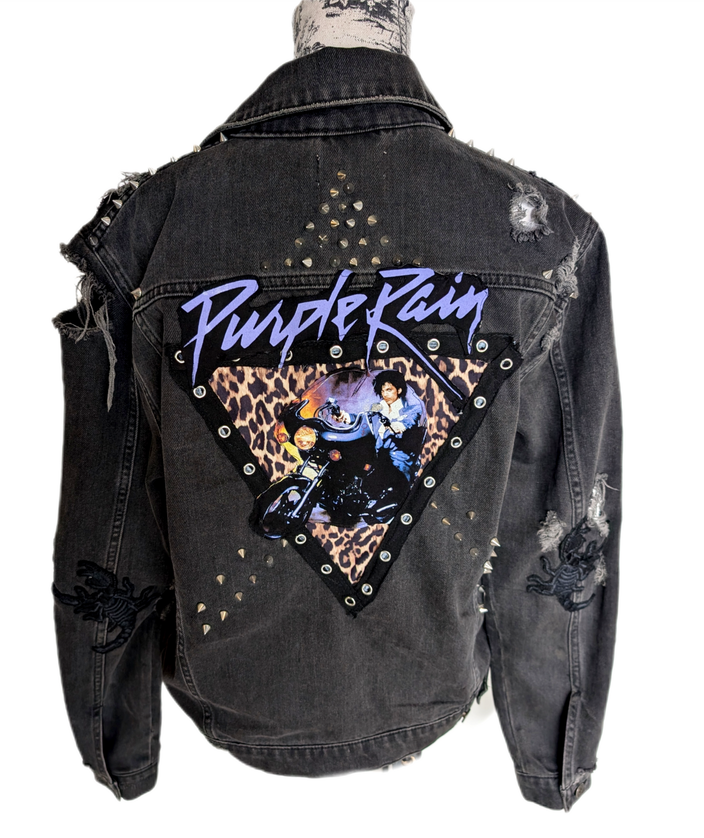 Gender neutral Purple Rain distressed and spiked charcoal denim- men's Small/ womens MEDIUM