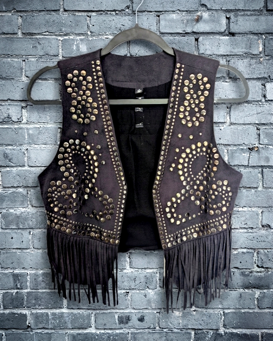 Faux suede Fringe/studded Led Zep vest- womens SMALL