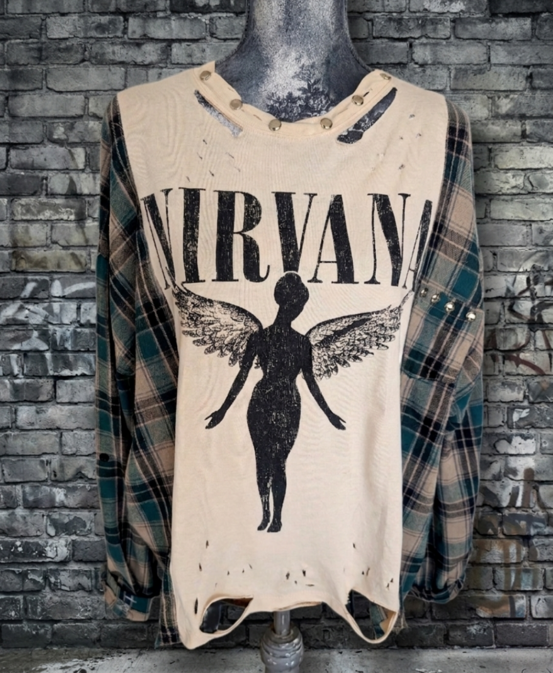 Womens reworked Nirvana tee,/ flannel hybrid- size XL