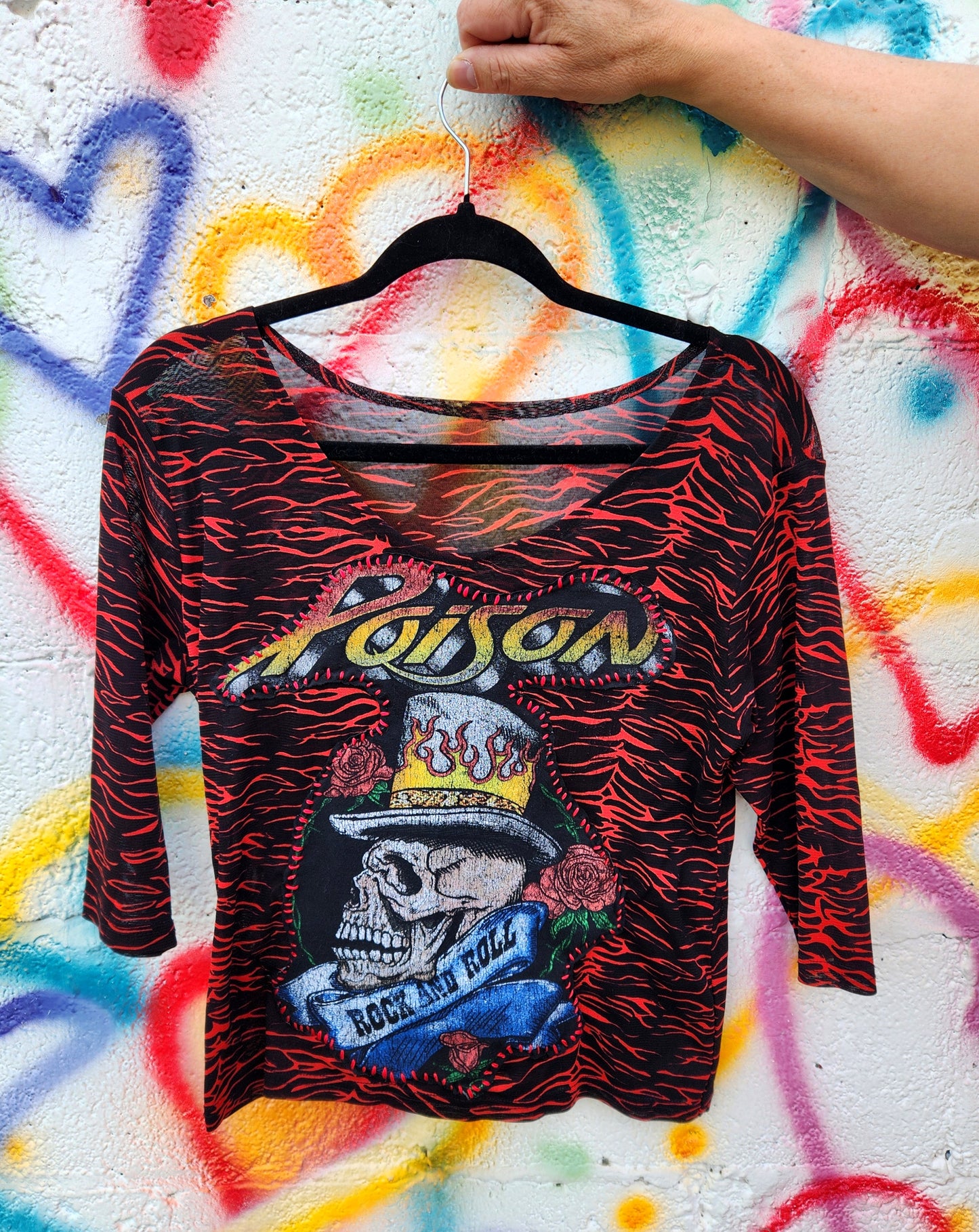 Womens sheer red and black top with POISON patch- size Small