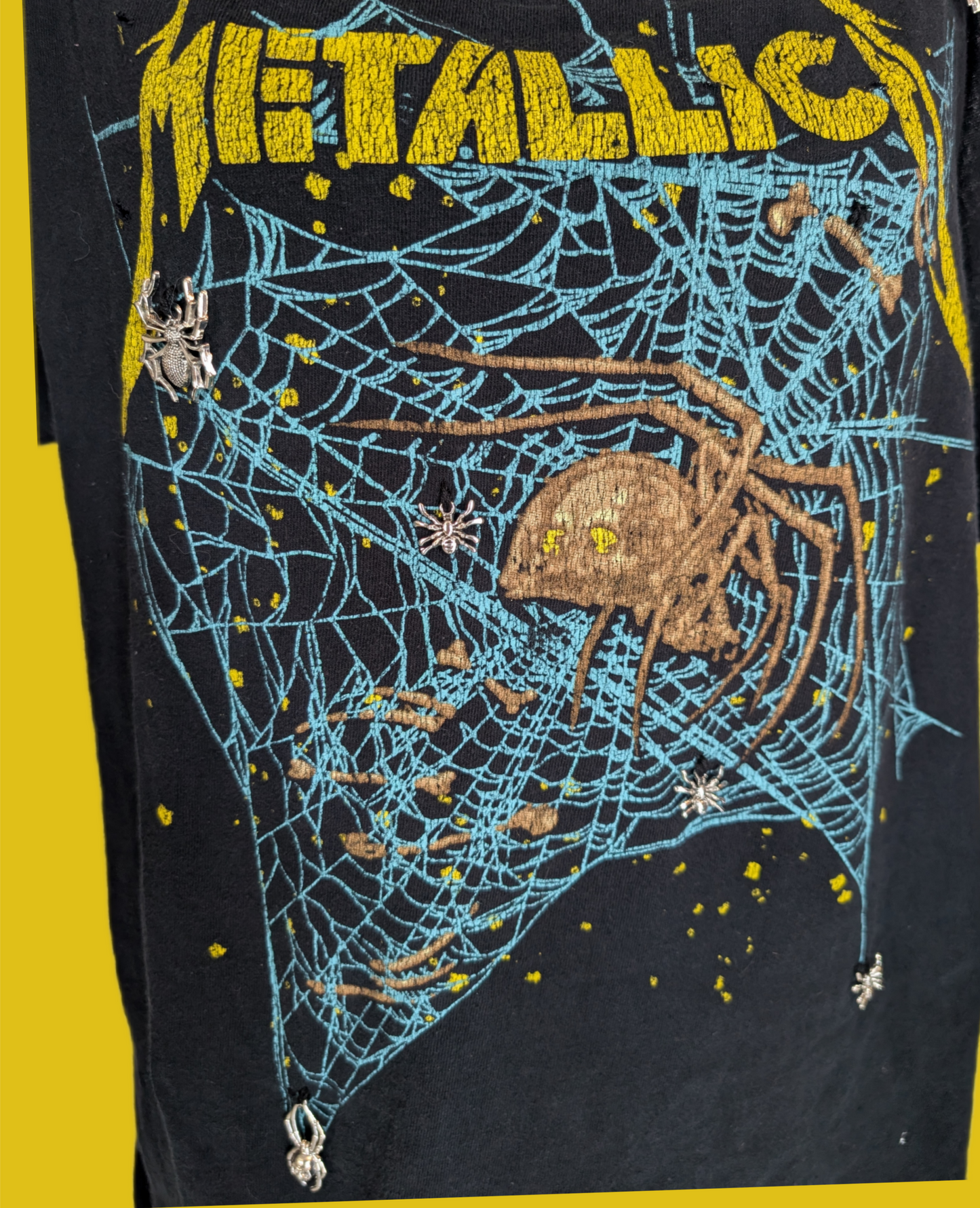 Womens reworked Metallica tee- with spider charms- L/ XL