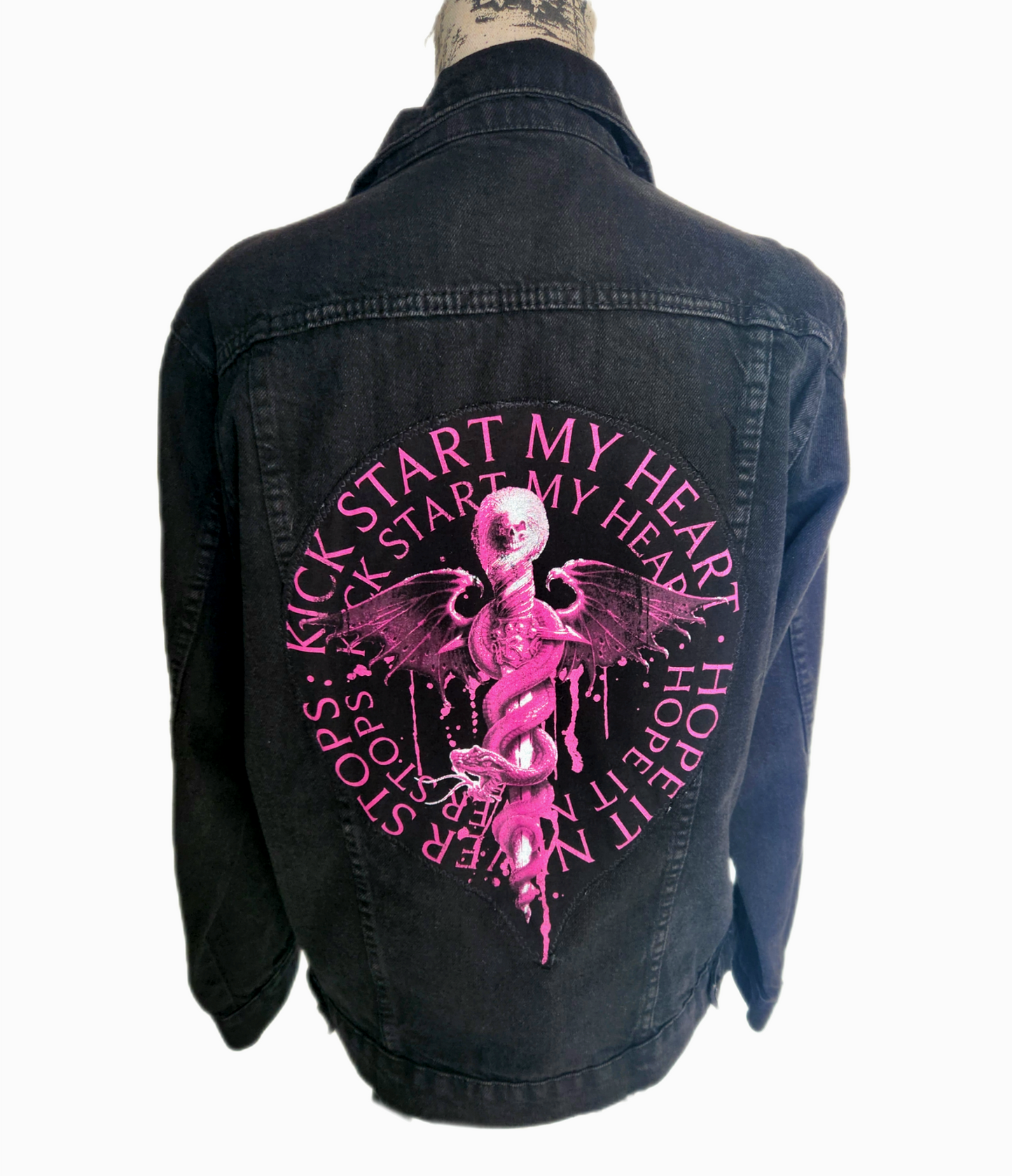 Womens black denim Metal jacket w/ mesh shoulders- medium CLEARANCE!