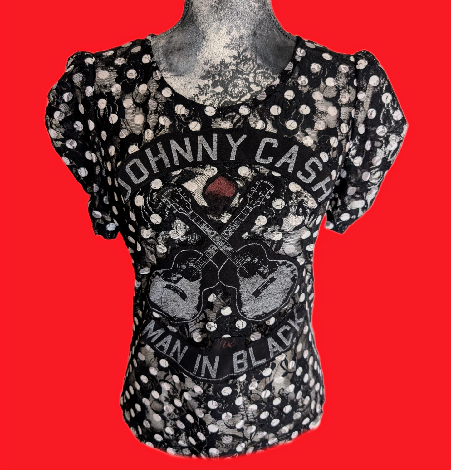 Womens sheer polka dot Johnny Cash top- size Medium