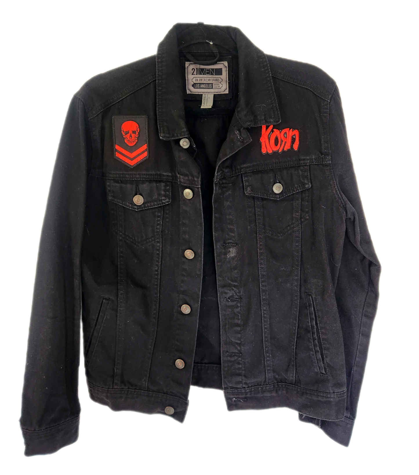 Gender neutrel KORN black denim jacket- mens small/ womens Med CLEARANCE