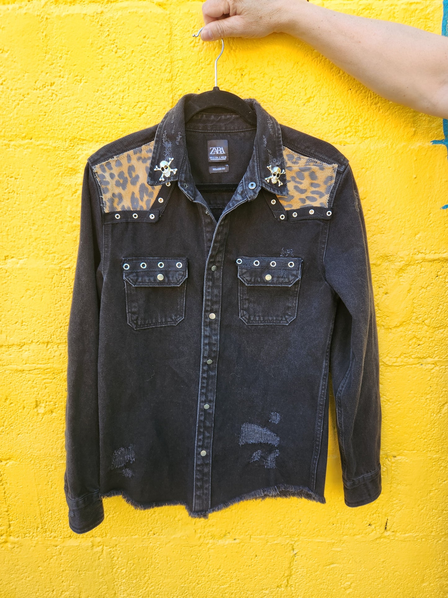 Gender neutrel denim Punk Rock button up- Mens Small Womens M