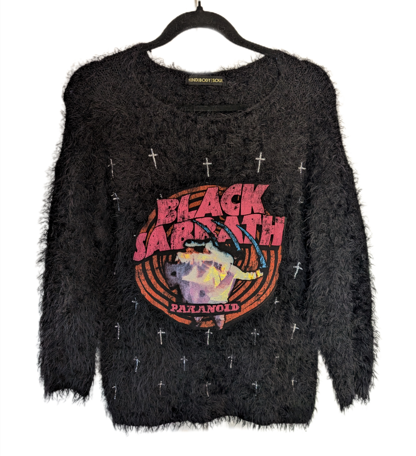 Womens black fuzzy sweater with crosses and Black Sabbath patch- Large