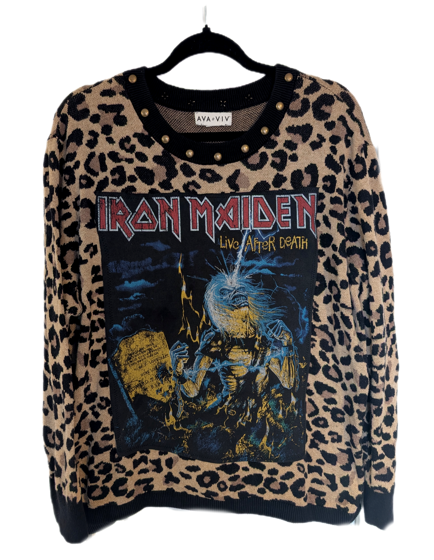 Womens reworked leopard sweater with Iron Maiden - size womens XXL