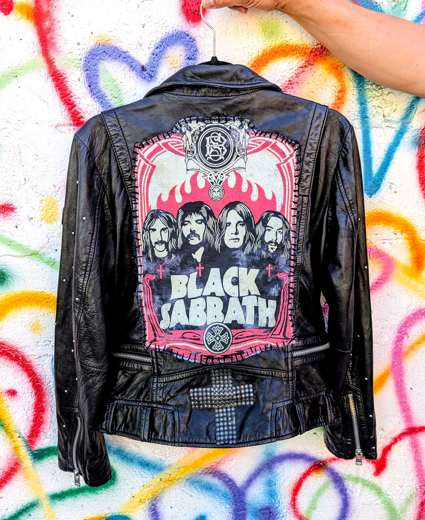 Womens Genuine leather Black Sabbath jacket- size Large/ WITH Free Sabbath throw pillow