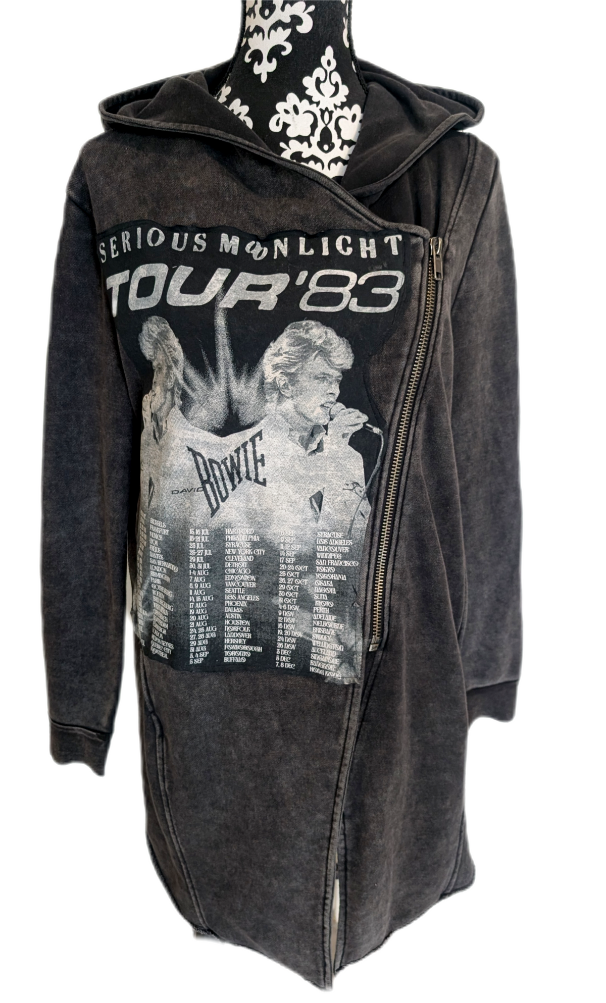 Womens BOWIE grey vintage wash hoodie/ jacket- size M/L fit