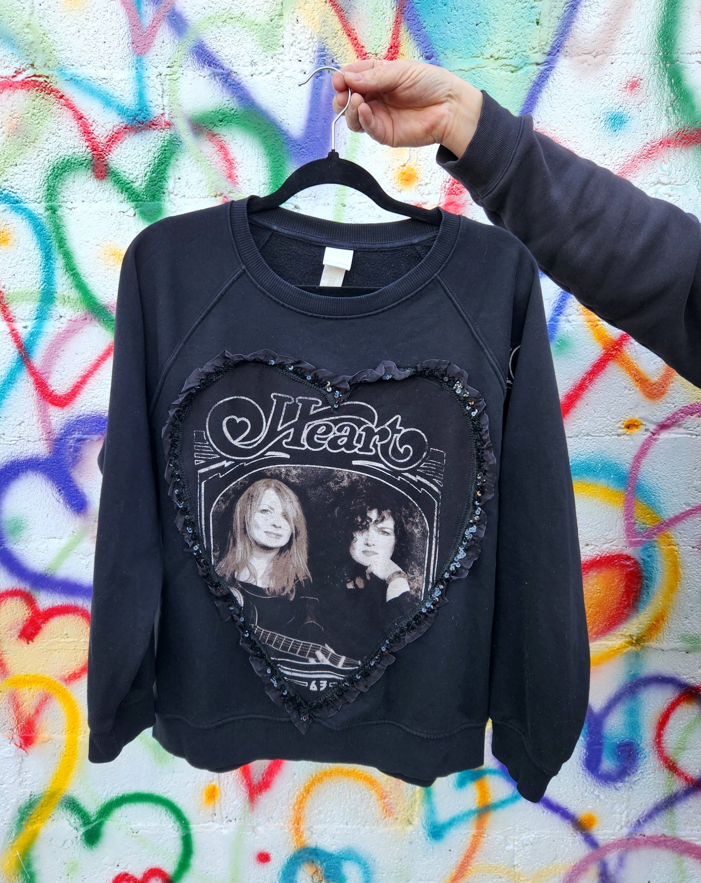 Womens Reworked HEART sweater with lace patch- size Large