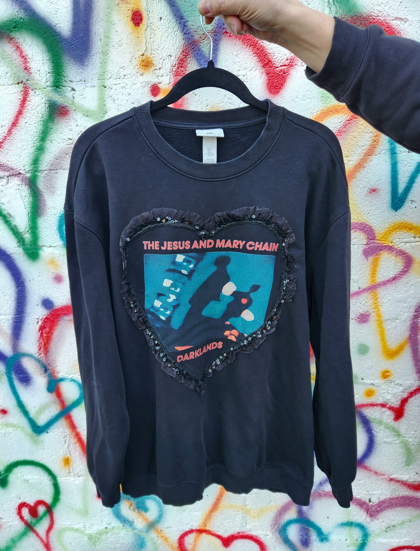 Womens Reworked sweatshirt with The Jesus and Mary Chain lace heart- size Large