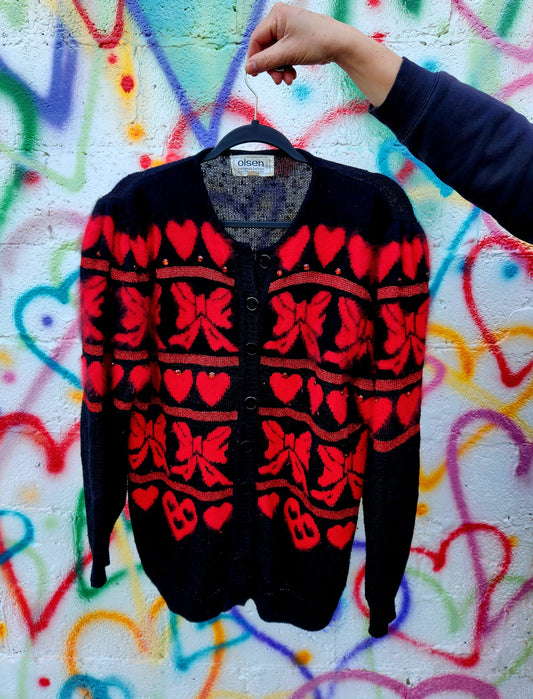 Womens VINTAGE hearts and bow cardigan- size Large