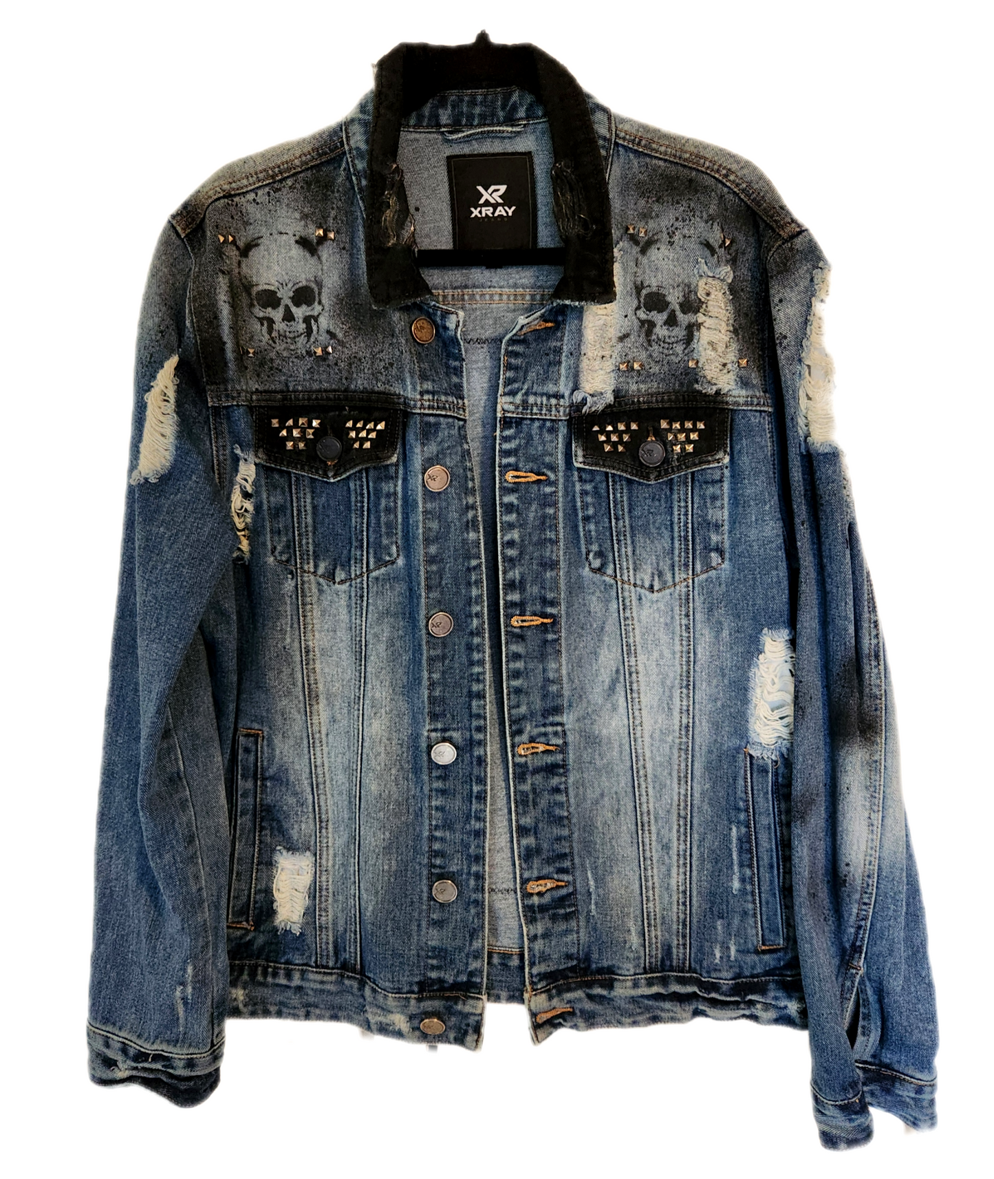 Mens reworked Johnny Cash distressed denim jacket- size Large