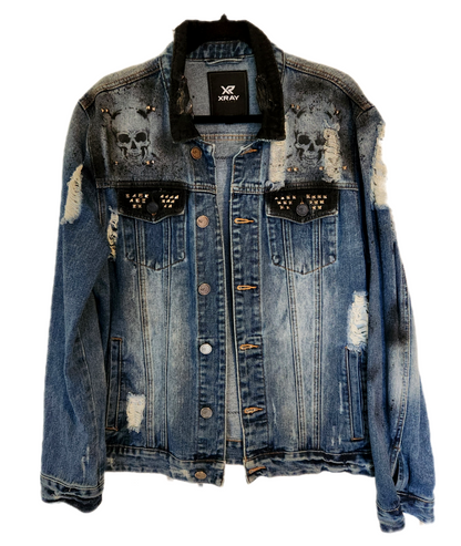 Mens reworked Johnny Cash distressed denim jacket- size Large
