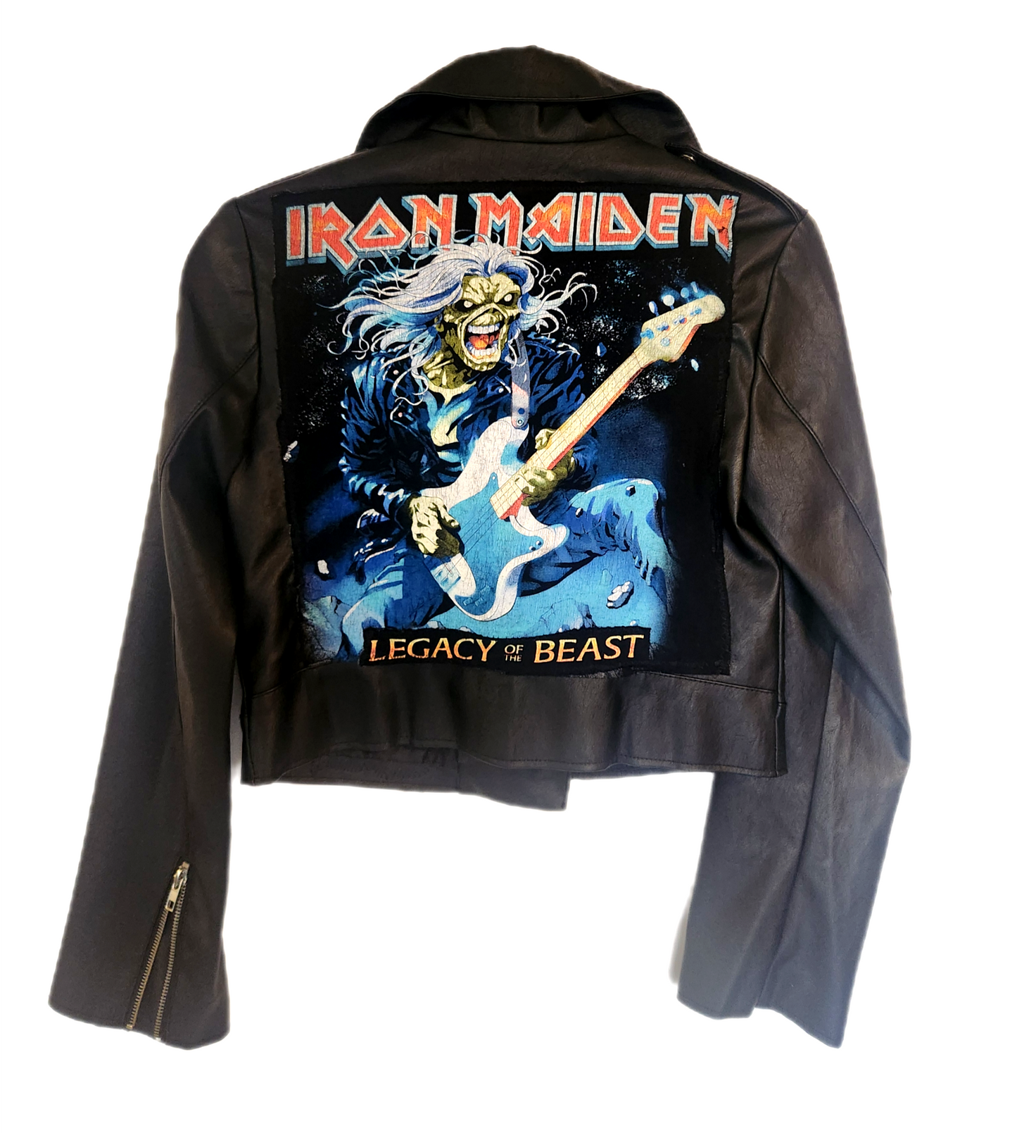 Womens cropped Iron Maiden faux leather jacket- size Small