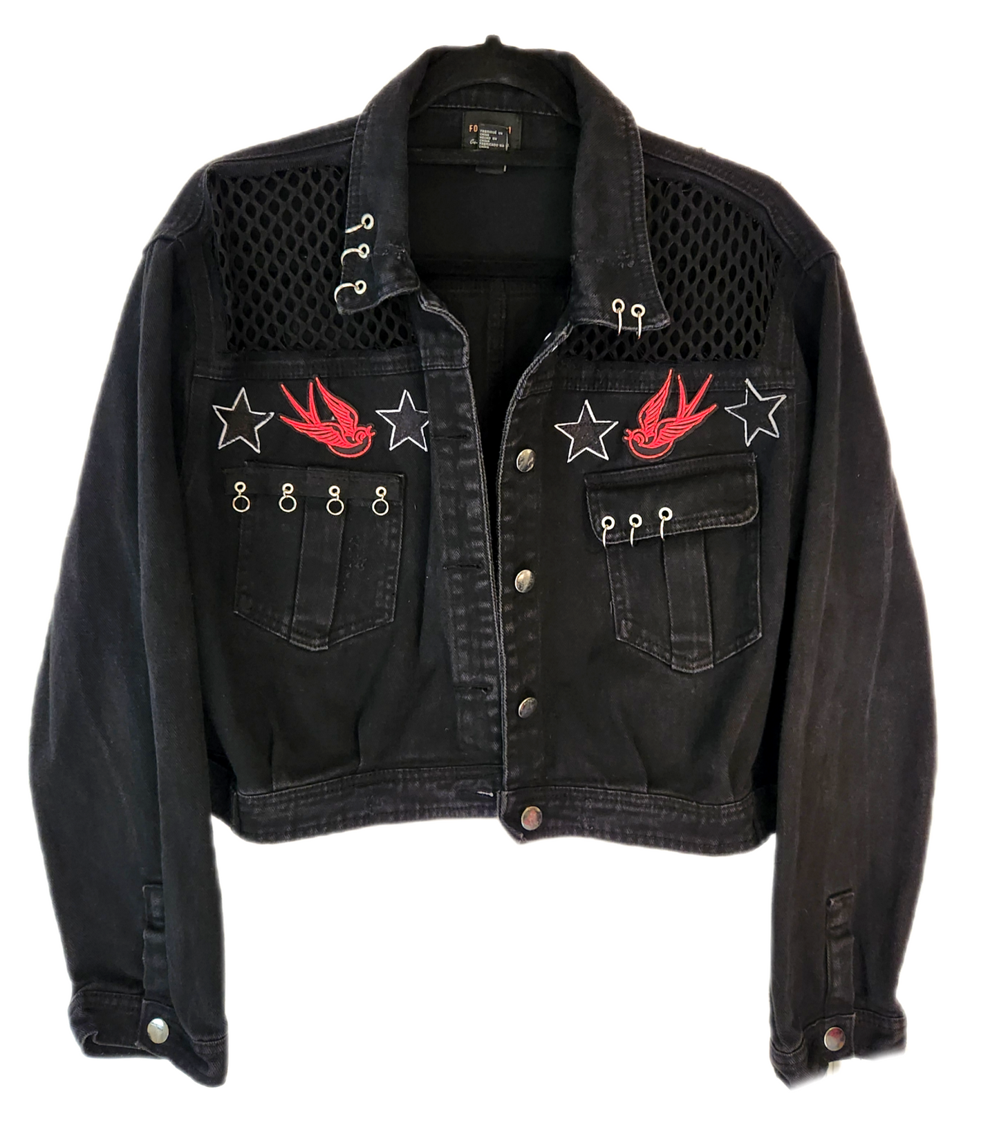 Womens cropped black Metal Rock jacket- size L- XL fit