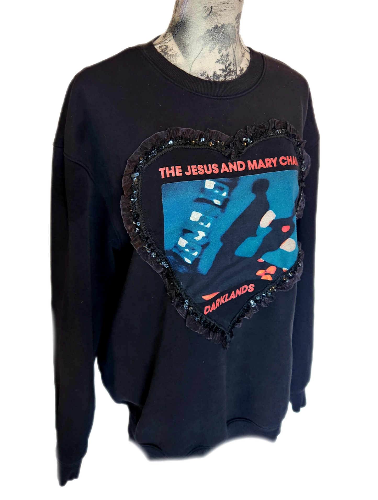Womens Reworked sweatshirt with The Jesus and Mary Chain lace heart- size Large