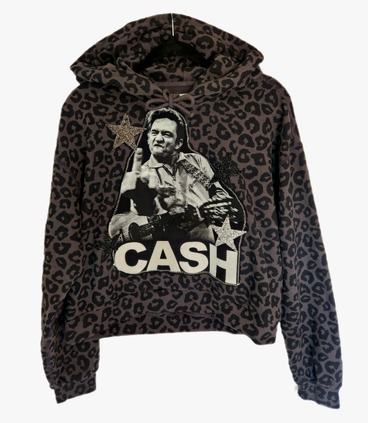 Womens reworked grey leopard hoodie with Johnny Cash patch- size Medium
