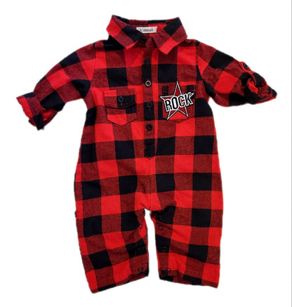 Baby Jingle Bell ROCK plaid flannel coveralls- size 6-12 mos