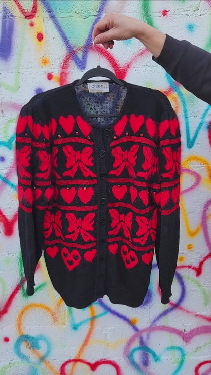 Womens VINTAGE hearts and bow cardigan- size Large