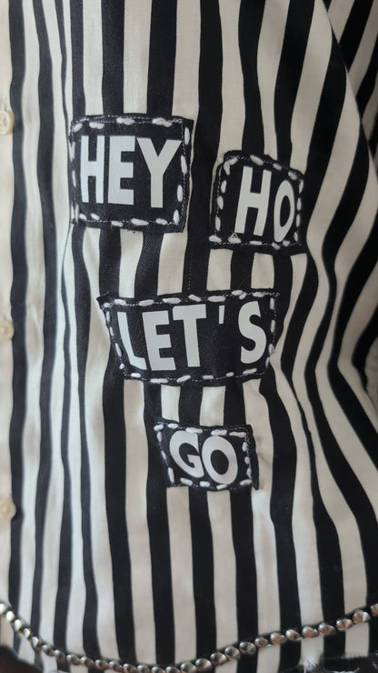 Gender neutral upcycled Punk Rock striped button up with Ramones- womens L men's M