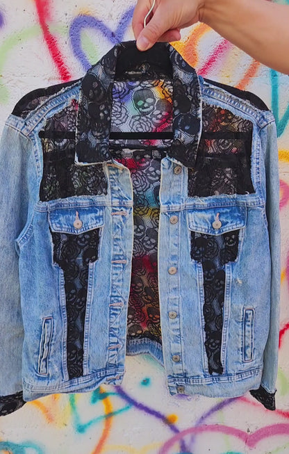 Womens skull lace panels denim jacket- size Large