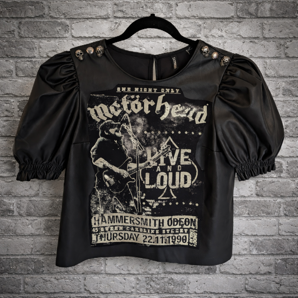 Womens faux leather stretch top with Motorhead -size Med